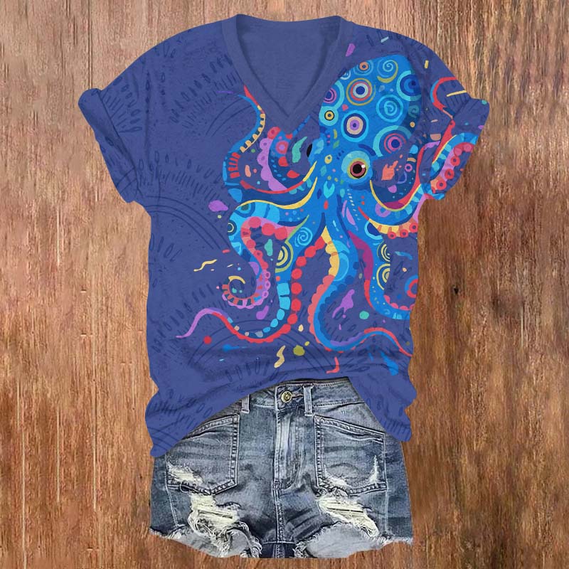 Funny Colorful Geometric Octopus Pattern Print V-neck T-shirt - Blue - US32-34(5XL) - image 4
