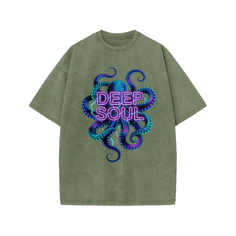 Deep Soul Colored Octopus Print Acid Washed T-shirt - Army Green - US20-22(3XL) - image 7