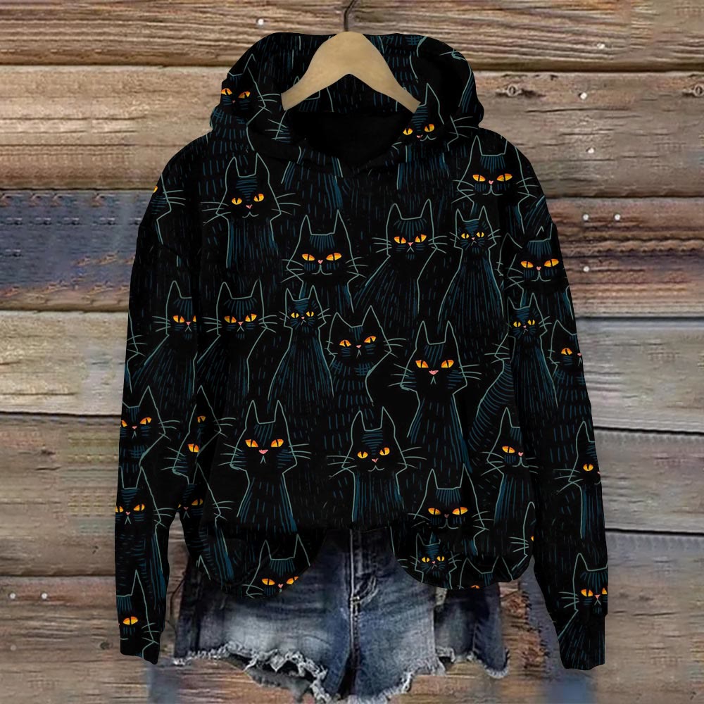 Black Cat Print Long Sleeve Hoodie