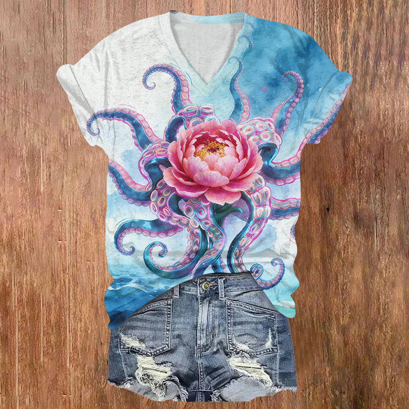 Peonies And An Octopus Printed Short Sleeved V-neck T-shirt - Light Blue - US32-34(5XL) - image 1