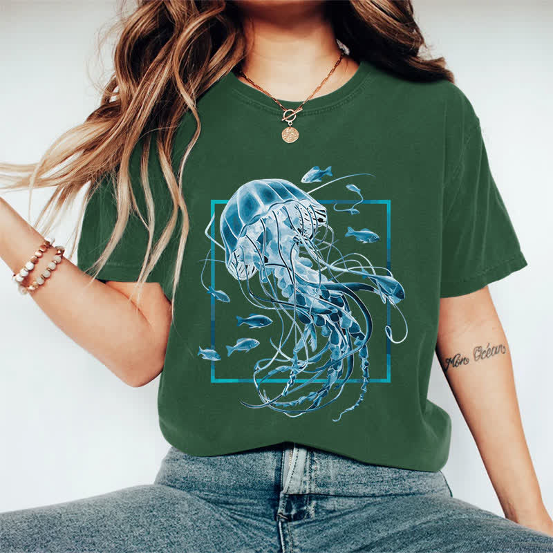100% Cotton Women's Fantasy Jellyfish Surrounded By Fish Art Print Casual T-shirt - Dark Green - 2XL - image 9