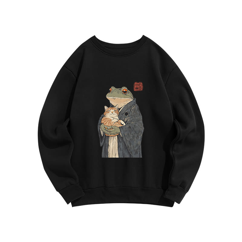 Unisex A Frog Holding A Cat  Print Long Sleeve Crew Neck Sweatshirt - Black - US16-18(2XL) - image 5