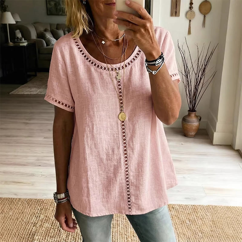 Women's Casual Round Neck Short-sleeve Blouse - Pink - 3XL - image 4