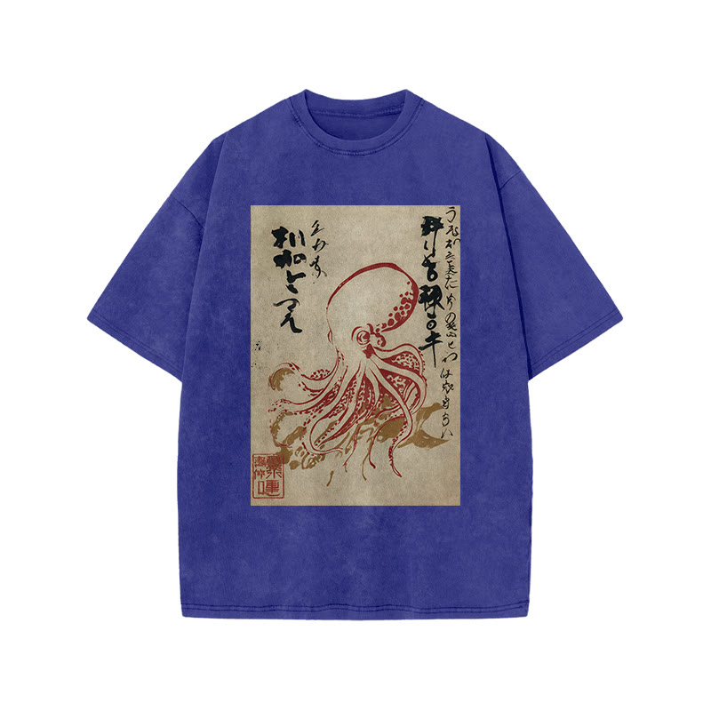 Japanese Retro Octopus Pattern Print Acid Washed T-shirt - Blue - US20-22(3XL) - image 8