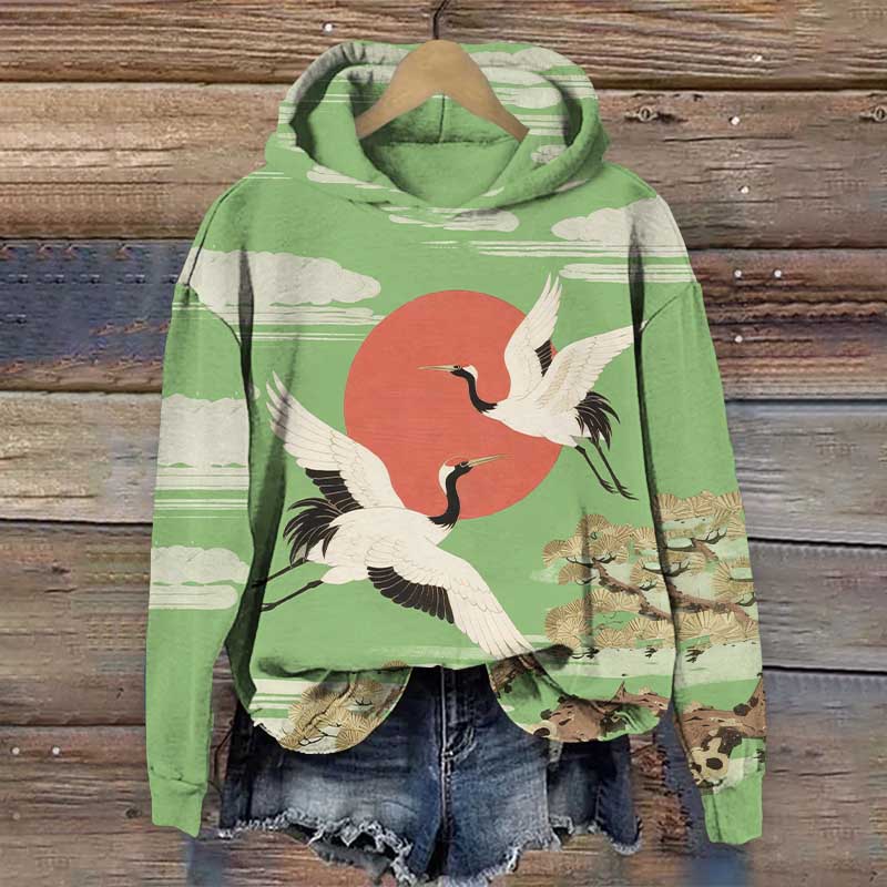 Japanese Vintage Crane Flying Around The Sun Print Long Sleeve Hoodie - Green - US44-46(8XL) - image 3