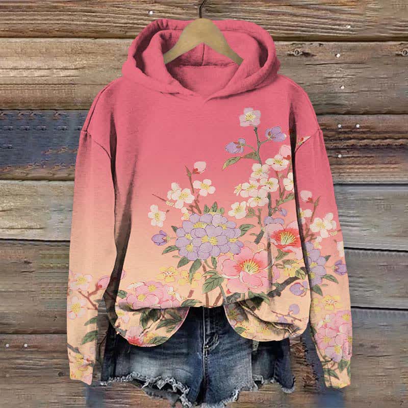 Japanese Flowers Competing For Beauty Art Print Long Sleeve Hoodie - Pink - US44-46(8XL) - image 3