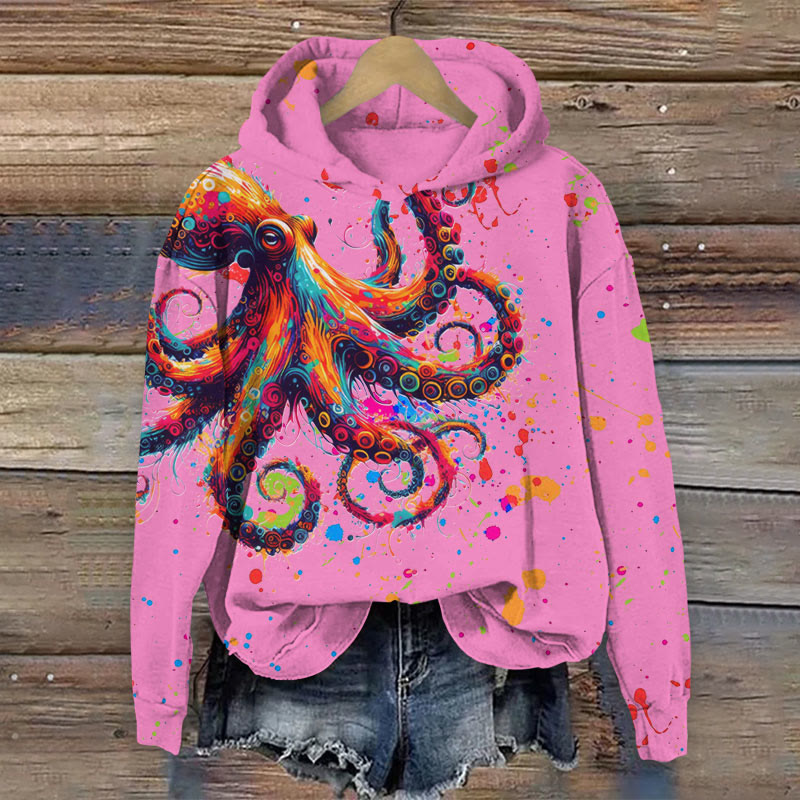 Colorful Splashy Octopus Print Long Sleeve Hoodie - Pink - US44-46(8XL) - image 6