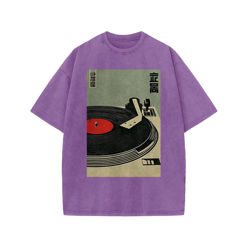 Japanese Broadcasting Turntable Art Print Acid Washed T-shirt - Purple - US20-22(3XL) - image 9