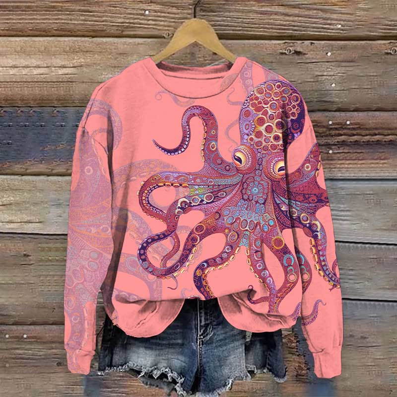 Unique Exquisite Octopus Pattern Art Print Casual Sweatshirt - Pink - 5XL - image 5