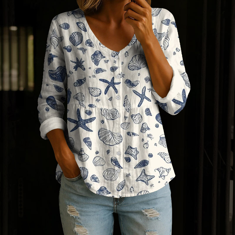 Vintage Sea Shells Pattern Print Button V-neck A-line Long Sleeve Blouse - White - 4XL - image 1