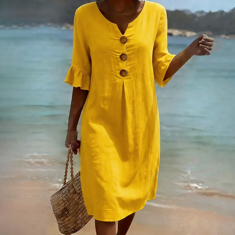 Elegant Cozy Solid Notched Collar Button Ruffled Half Midi Dress - Yellow - 3XL - image 7