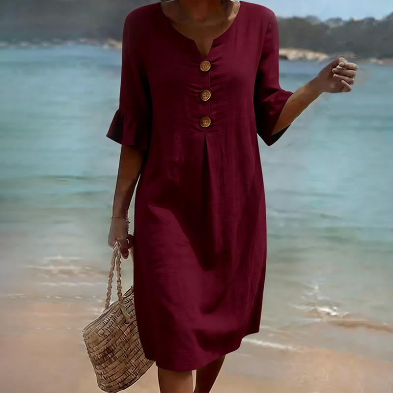 Elegant Cozy Solid Notched Collar Button Ruffled Half Midi Dress - Wine - 3XL - image 6