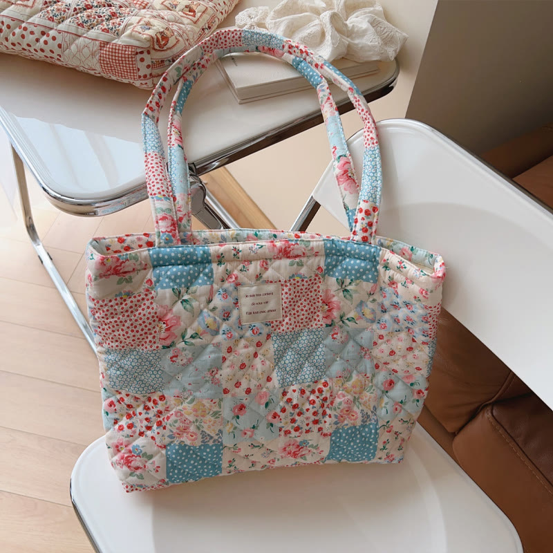 Pastoral Romantic Floral Patchwork Print Quilted Tote Bag - image 3