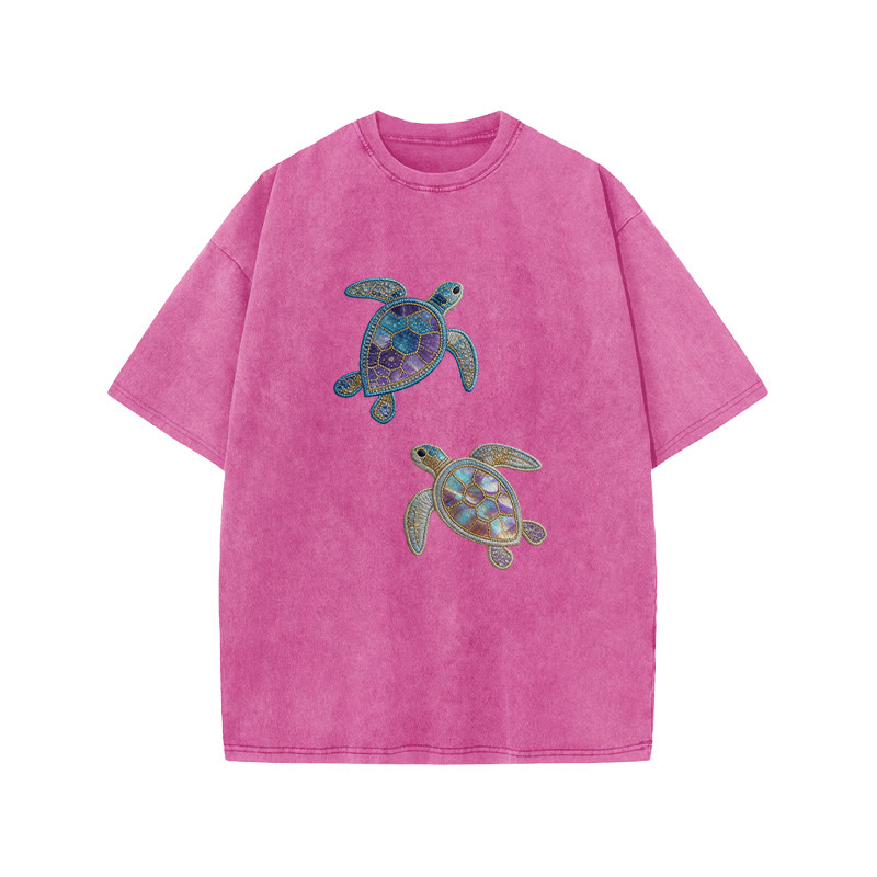 Creative Gemstone Sea Turtle Print Acid Washed T-shirt - Pink - US20-22(3XL) - image 7