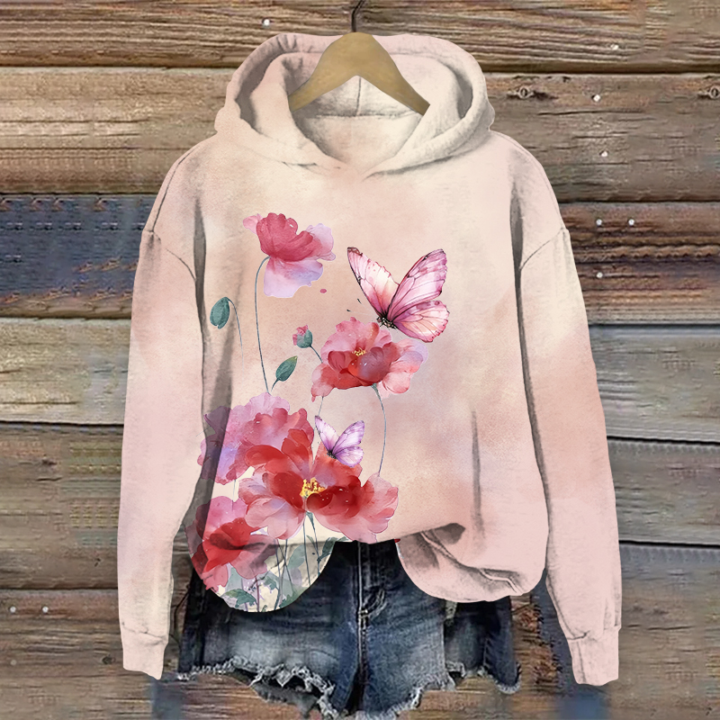 Vintage Vivid Watercolor Floral Art Print Long Sleeve Hoodie - Light Pink - US44-46(8XL) - image 3