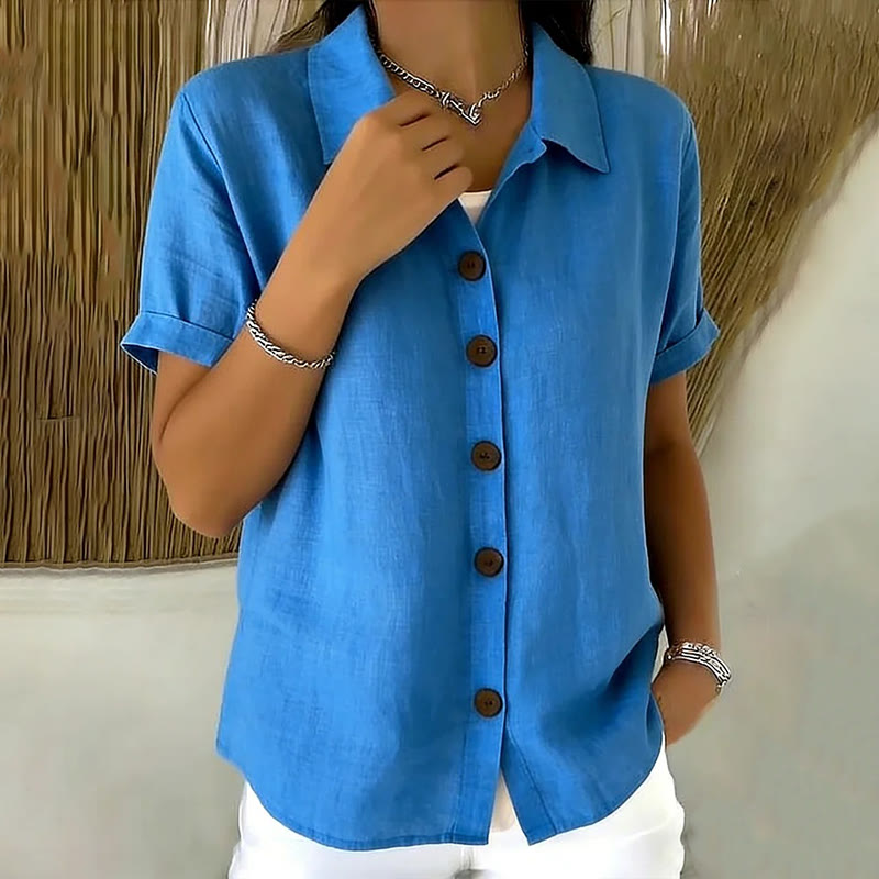 Elegant Solid Collared Button-up Short-sleeve Blouse - image 11