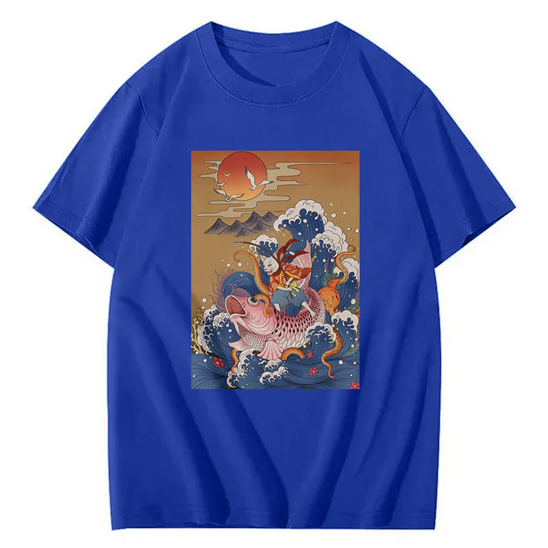 Samurai Cat And Koi Fish Print Short Sleeved Crew Neck T-Shirt - Royal Blue - 2XL - image 5