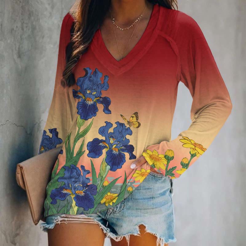 Japanese Watercolor Sunflower Art Print Long Sleeve T-shirt - Red - 5XL - image 3