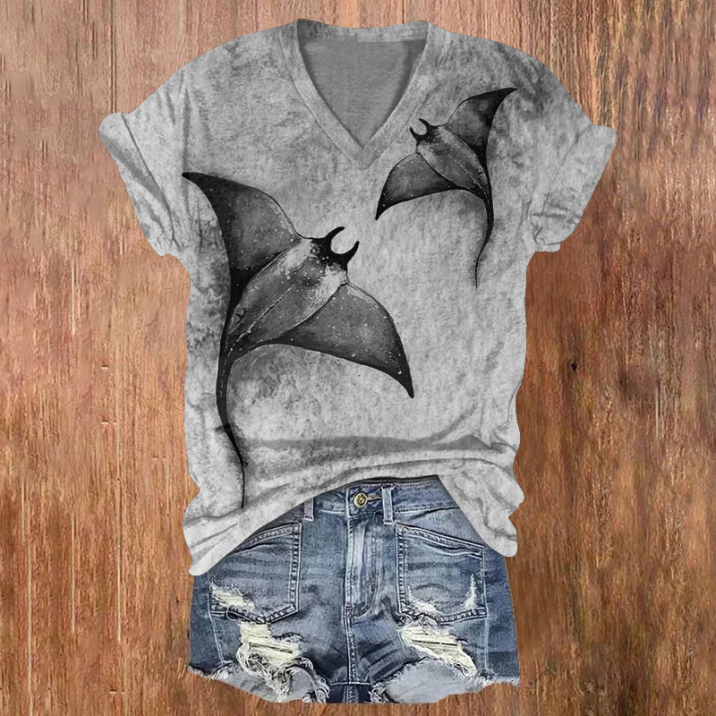 Ocean Manta Watercolor Texture Pattern Print Short Sleeved V-neck T-shirt - Black - US32-34(5XL) - image 3