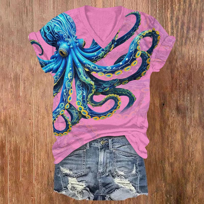 Japanese Oil Painting Octopus Print V-neck T-shirt - Pink - US32-34(5XL) - image 6