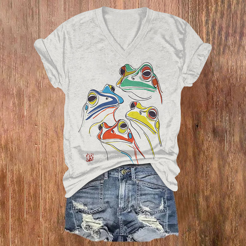 Japanese Watercolor Masked Frog Print Short Sleeved V-neck T-shirt - Light Gray - US32-34(5XL) - image 1