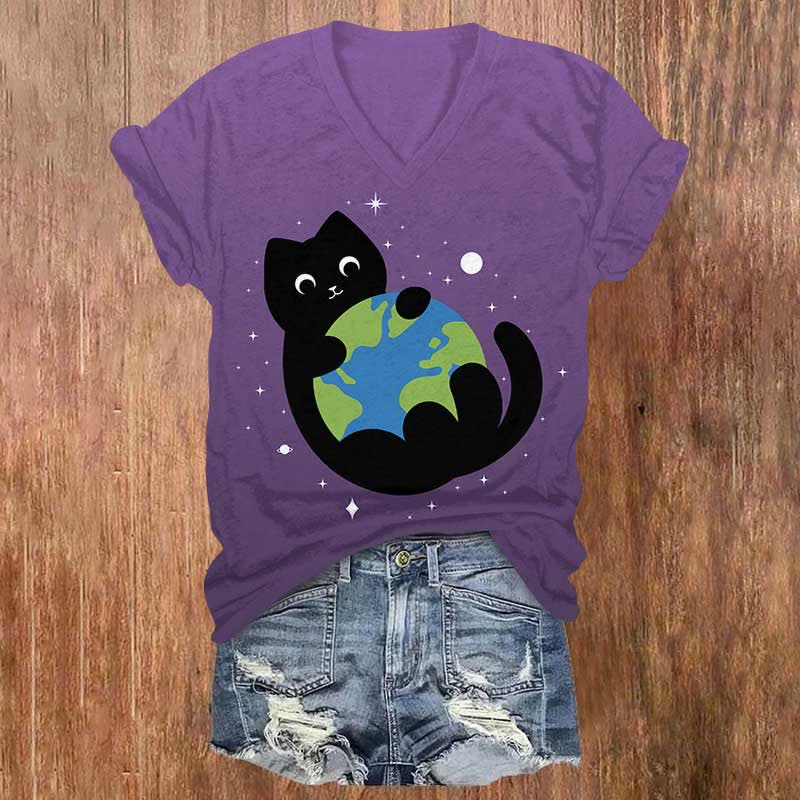 Lovely Black Cat Holding The Earth Print V-neck T-shirt - Ombre Purple - US32-34(5XL) - image 9