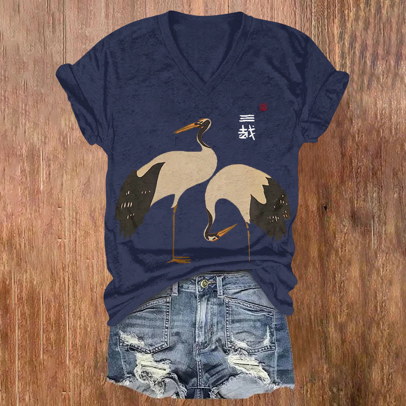 Japanese The Red-crowned Cranes Pattern Print Short Sleeved V-neck T-shirt - Blue - US32-34(5XL) - image 3