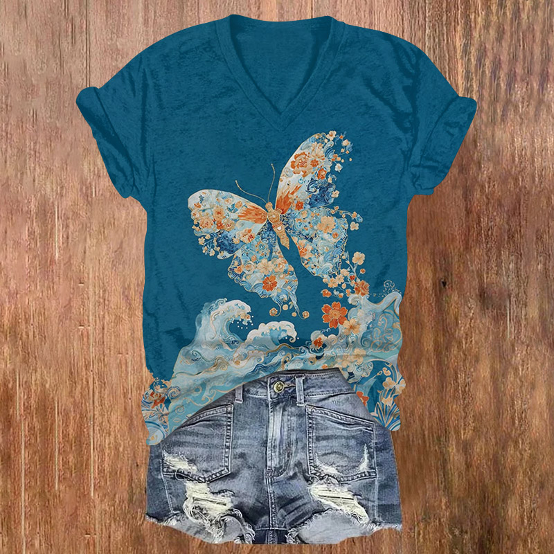 Creative Floral Butterfly Art Print Short Sleeved V-neck T-shirt - Blue - US32-34(5XL) - image 1