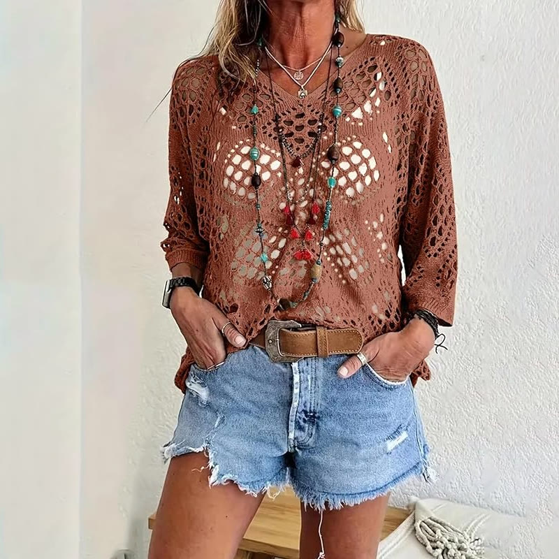 Beach Diamond Cutout Batwing Sleeve V-Neck Cover-up T-Shirt - Caramel - 5XL - image 8