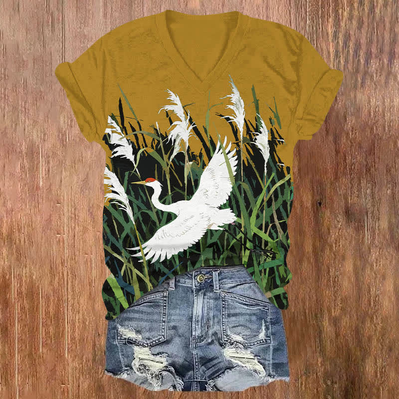 Japanese White Crane Flying Across Reed Marsh Print V-neck T-shirt - Yellow - US32-34(5XL) - image 6