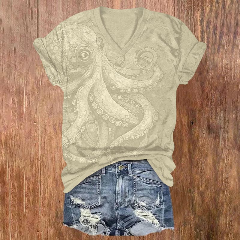 Retro Watercolor Octopus Art Print V-neck T-shirt - Apricot - US32-34(5XL) - image 3
