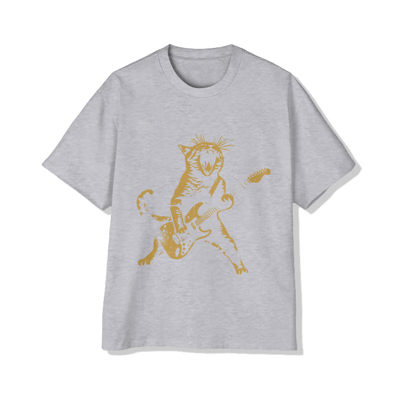 Unisex Vintage Rock Cat Playing Guitar Pattern Short Sleeved Crew Neck T-Shirt - Grey - 2XL - image 3