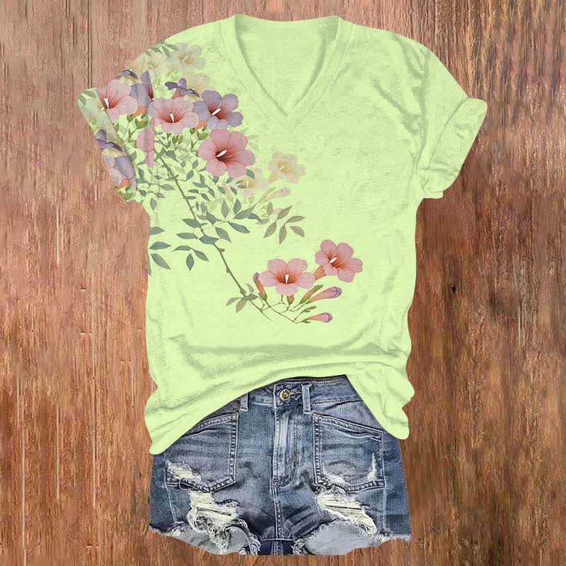 Japanese Watercolor Morning Glory Art Print V-neck T-shirt - Green - US32-34(5XL) - image 3