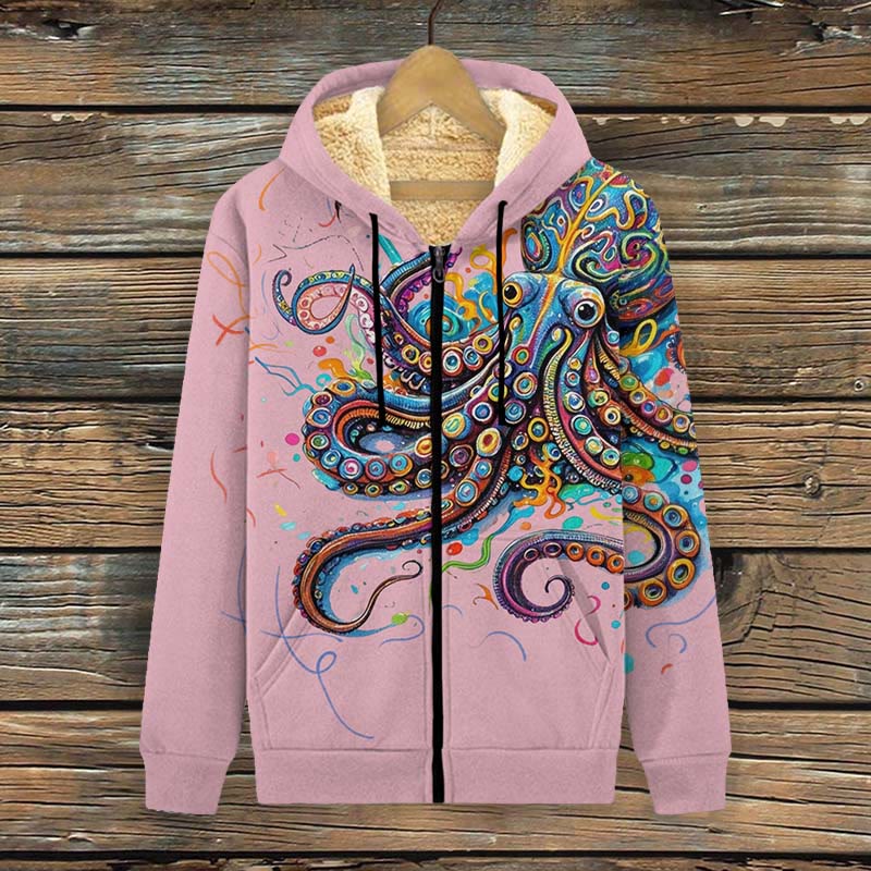 Vintage Rainbow Octopus Art Print Print Fleece Jacket - Pink - 4XL - image 3