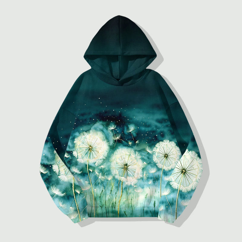 Fantasy Dandelion Art Print Long Sleeve Hoodie - Dark Green - US44-46(8XL) - image 3