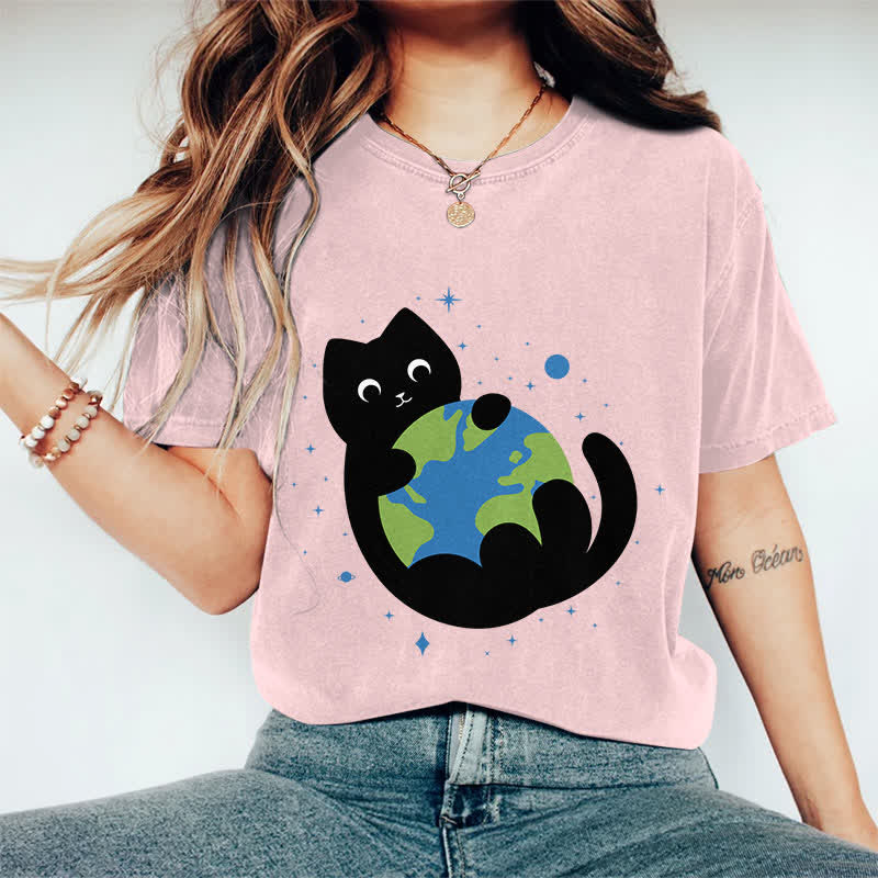 100% Cotton Funny Cat Holding The Earth Art Print T-shirt - Pink - 2XL - image 9