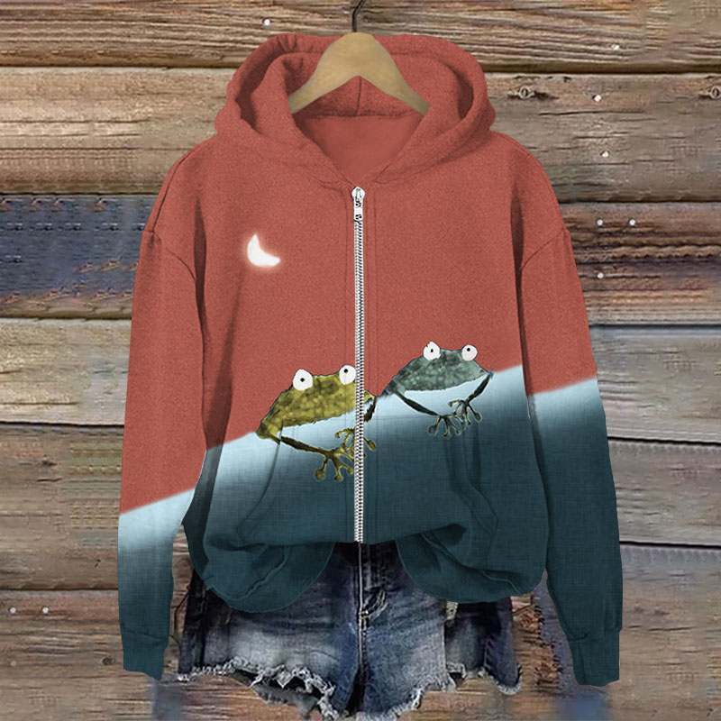 Simple Frog Color Block Print Long Sleeve Zipper Hoodie - Orange - US28-30(4XL) - image 3