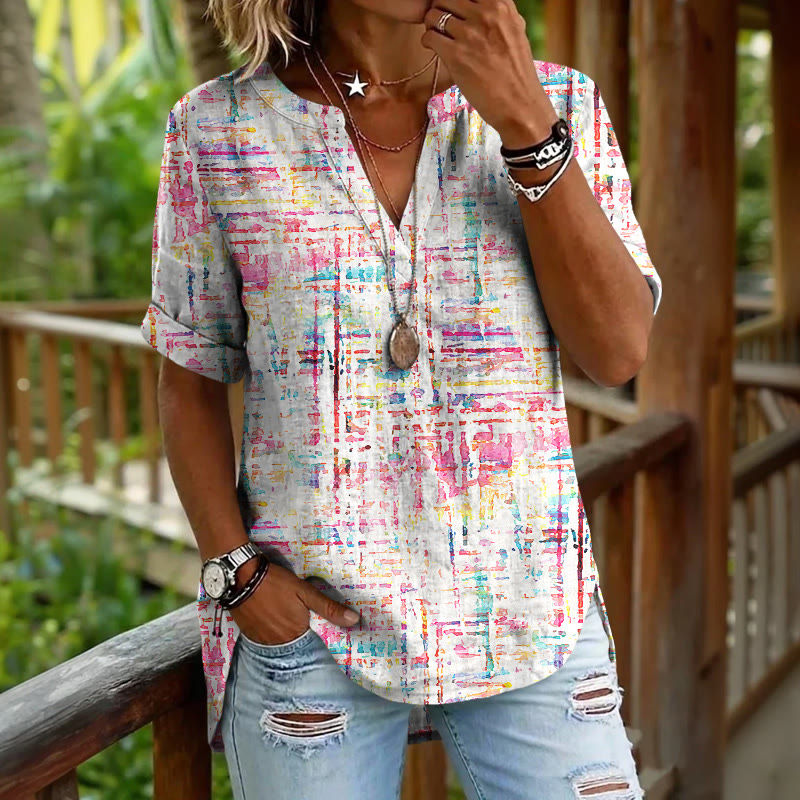 Colorful Glitch-woven Texture Pattern Print Short Sleeve Casual Blouse - White - 5XL - image 3