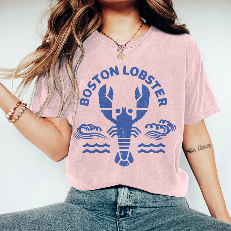 100% Cotton Women's Vintage Boston Lobster Art Print Casual T-shirt - Pink - 2XL - image 5