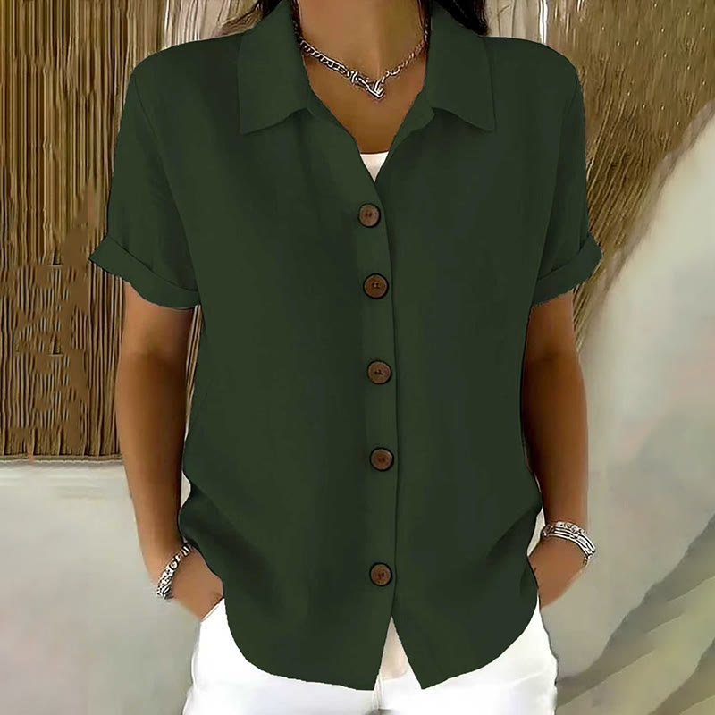Elegant Solid Collared Button-up Short-sleeve Blouse - Army Green - 3XL - image 9