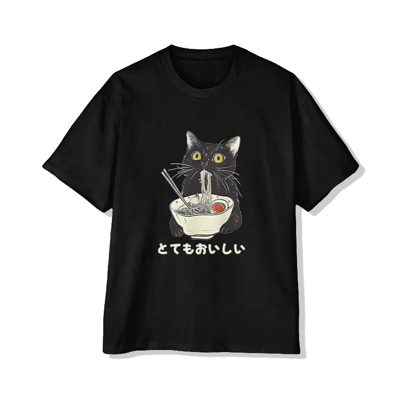 Unisex Cats Eat Ramen Noodles Short Sleeve Crew Neck T-shirt - Black - 2XL - image 4