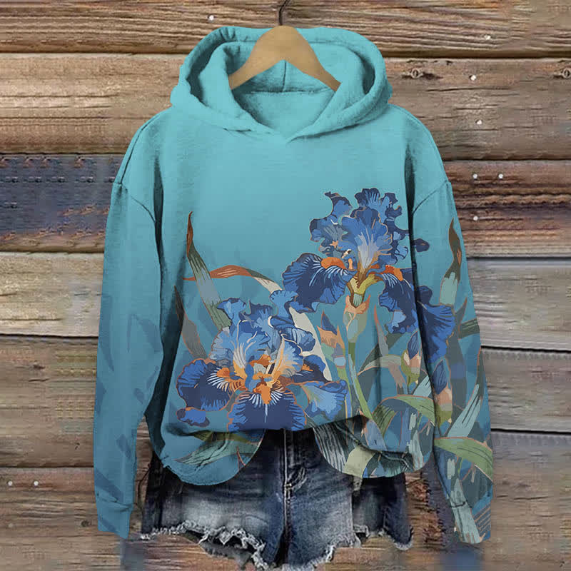 Japanese Vintage Van Gogh Iris Floral Print Long Sleeve Hoodie - Blue - US44-46(8XL) - image 3