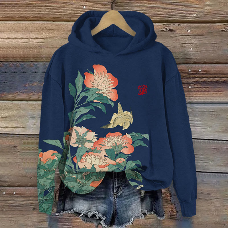 Flower Print Long Sleeve Hoodie - Dark Blue - US44-46(8XL) - image 4