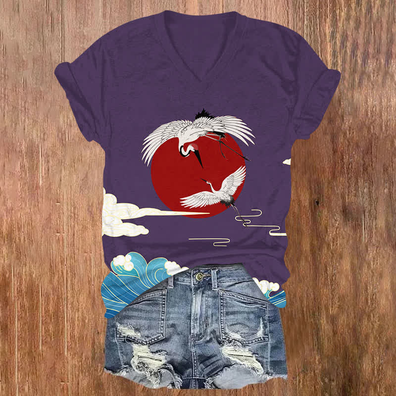 Japanese Sun & Crane Art Print V-neck T-shirt - Purple - US32-34(5XL) - image 4