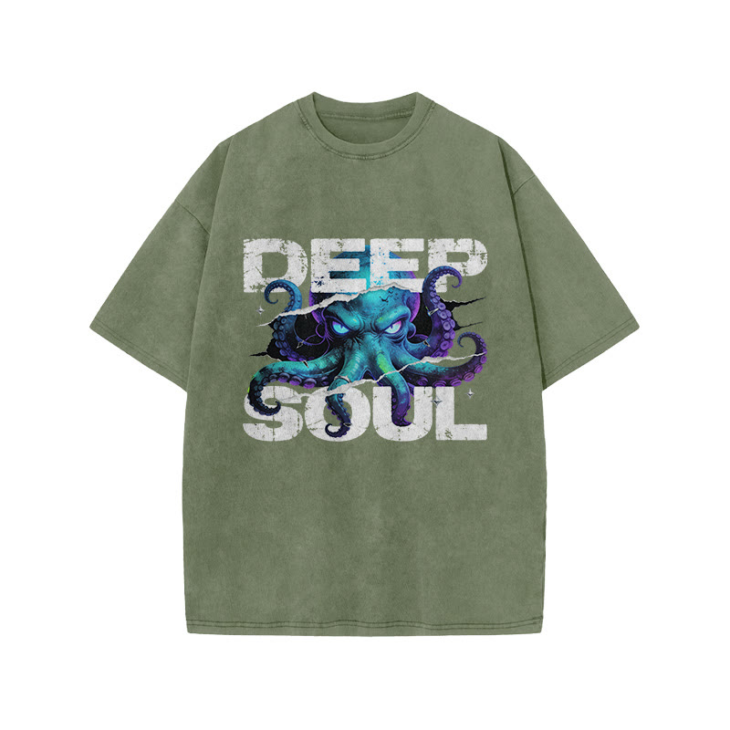 Deep Soul Octopus Print Acid Washed T-shirt - Army Green - US20-22(3XL) - image 5
