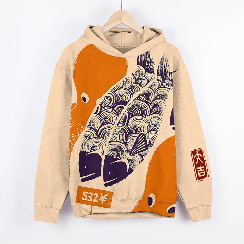 Unisex Japanese Retro Octopus Art Pattern Print Long Sleeved Hoodie - Orange - US44-46(8XL) - image 3