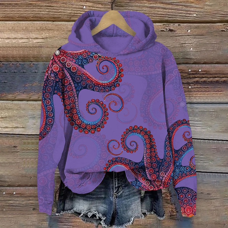 Japanese Retro Ethnic Octopus Tentacles Print Long Sleeve Hoodie - Purple - US44-46(8XL) - image 3