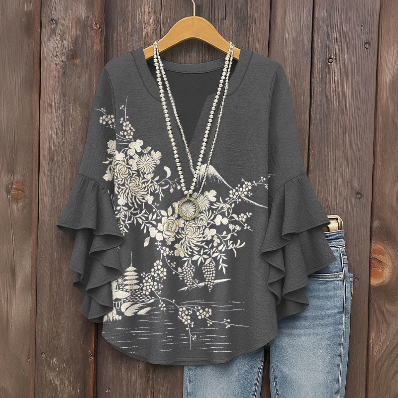Japanese Mount Fuji And Floral Indigo-dyed Pattern Print V-neck Half Sleeve Blouse - Grey - 5XL - image 3