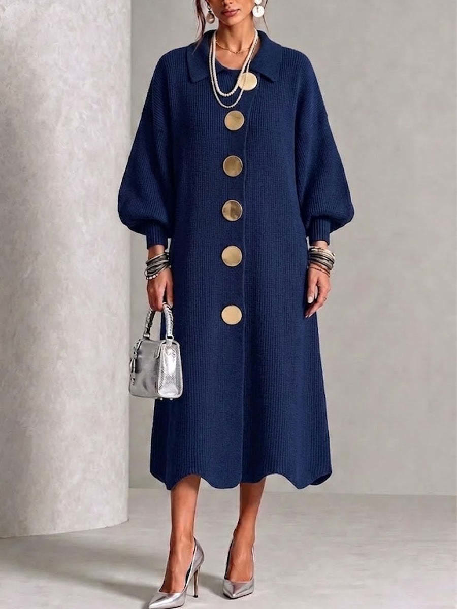 Women's Ribbed Knit Midi Cardigan Dress | Lapel Collar Lantern Sleeve, Statement Button Front - Navy Blue - 2XL - image 9