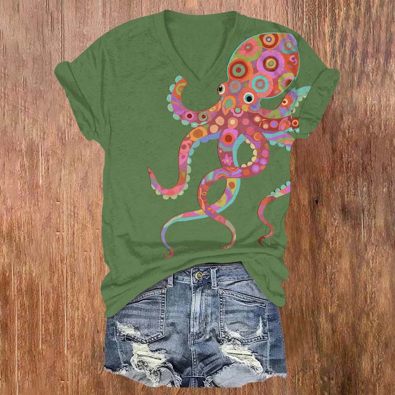 Creative Colorful Geometric Octopus Print V-neck T-shirt - Green - US32-34(5XL) - image 4